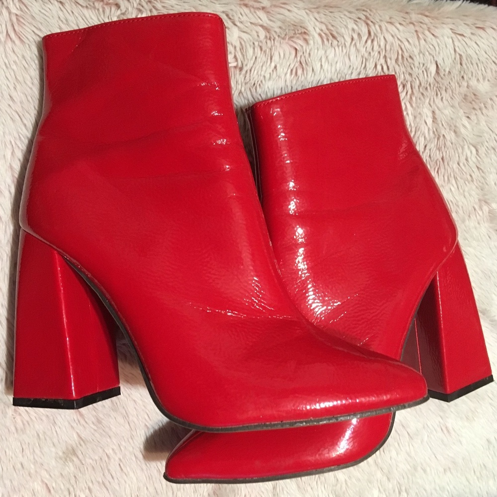 Red Chunky Heeled Ankle Boots, Size 7